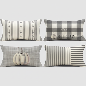 Ensemble de 4 housses de coussins décoratifs gris rayés style farmhouse 12x20 pouces, motif Buffalo Plaid et citrouille, pour l'automne et Thanksgiving - Product Image 2