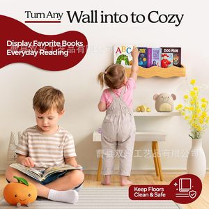 <b>Pine</b> Wood Children's Bookshelf Wall Mounted Floating <b>Shelf</b> For Kids Picture Books Storage 2 Tier - Product Image 2