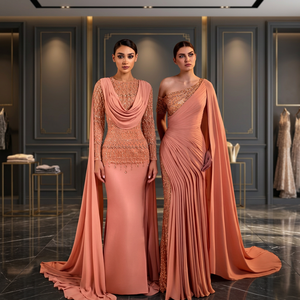 Robe de soirée longue élégante et vintage en satin à manches courtes, coupe droite, avec dentelle en tulle, antistatique, de luxe et raffinée - Product Image 2
