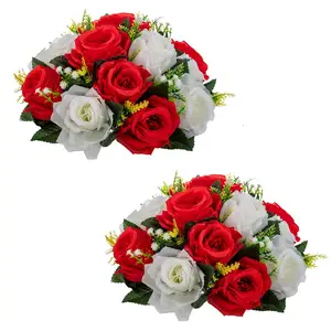 Flower Ball Arrangement Bouquet, 15 Heads Plastic Roses with Base, Artificial Flower for Wedding Bouquets Centerpieces Part