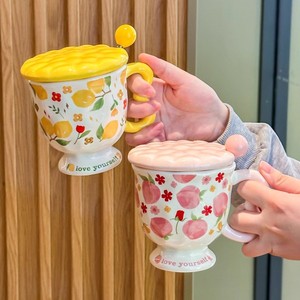 แก้วเซรามิกคุณภาพสูงพร้อมฝาและช้อน แก้วน้ำผลไม้น่ารักสำหรับสาวๆ แก้วกาแฟสำหรับออฟฟิศ ของขวัญวันเกิด - Product Image 5