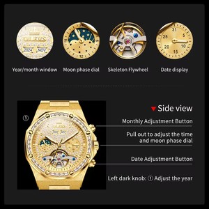 Olevs 9805 Sang Trọng Hollow Tourbillon Tự Động Người Đàn Ông Cơ Khí Vàng Đồng Hồ Không Thấm Nước Thép Không Gỉ Người Đàn Ông Của Kim Cương Quay Số Đồng Hồ - Product Image 5