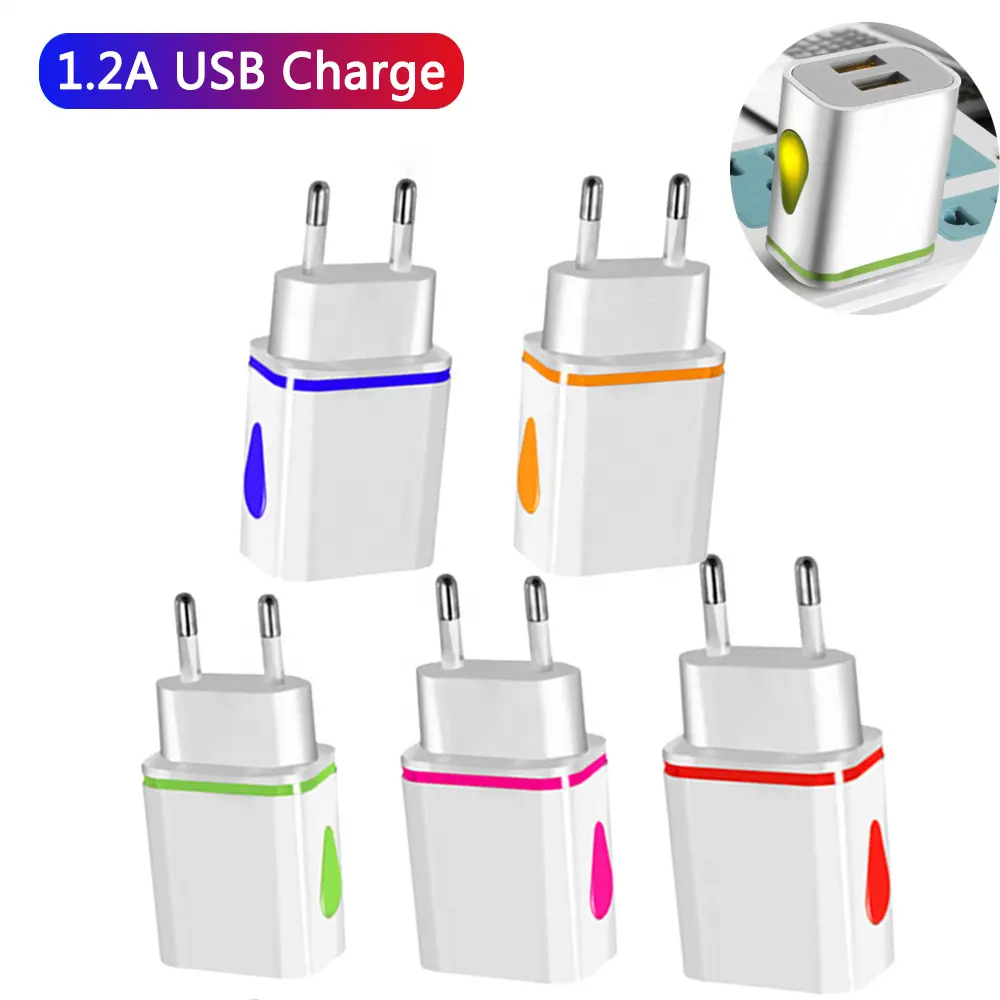 Pengisi daya dinding USB 5v 2A, adaptor perjalanan warna-warni dengan tampilan LED ganda untuk ponsel Android