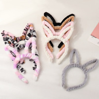 Accesorios para el cabello de invierno para niña, bandanas con orejas de conejo rosa y leopardo, diademas con pelo de conejo peludo para niño