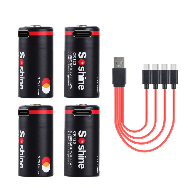 Soshine RCR123 RCR123A USB C Li-ion Rechargeable Battery 3.7V 900mAh with Type-C USB-C Charge Port Lithium Battery