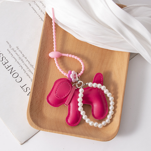 Nouveau porte-clés chien en cuir PU, motif chiot de dessin animé tissé multicolore, avec pendentif sac et décoration chaîne de perles, sérigraphié - Product Image 4