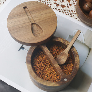 Acacia Wood Double Compartment <b>Spice</b> <b>Jar</b> Flip Top Lid Freshness Preservation Kitchen Use Solid Wood Rotating Container - Product Image 1