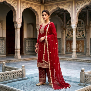 Robe Anarkali rouge brodée longue jusqu'au sol, tenue traditionnelle indienne et pakistanaise pour mariage, coupe régulière extensible pour femme - Product Image 1