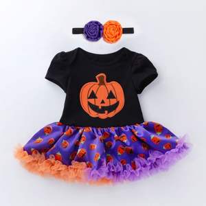 Venta al por mayor Bebé Ropa de Halloween niña calabaza dibujos animados manga corta mameluco vestido lindo recién nacido Festival ropa - Product Image 3