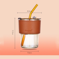 Tasse à café en verre gris ambré de luxe de 450ml 15oz Design créatif avec couvercle en cuir portable et paille-Verres de qualité supérieure