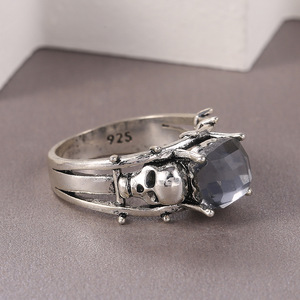 Anillo de cóctel Skeleton para hombre, plata 925, ónix negro, engaste redondo con puntas, regalo, anillos de moda - Product Image 3