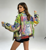 Veste en jean courte pour femme, style vintage baroque floral, imprimé paisley coloré, coupe trucker