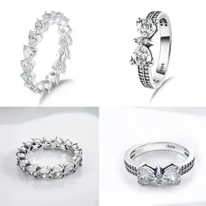 Anillos de Plata de Ley 925 con Baño de Platino en Forma de Corazón para Mujer, con Circonita Blanca y Lazo, Joyería Romántica y Moderna para Regalo - Product Image 5