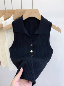 Débardeur court en maille respirante à col rabattu et fines bretelles pour <span class=keywords><strong>femme</strong></span>, coupe ajustée, en soie glacée, printemps été automne - Product Image 5