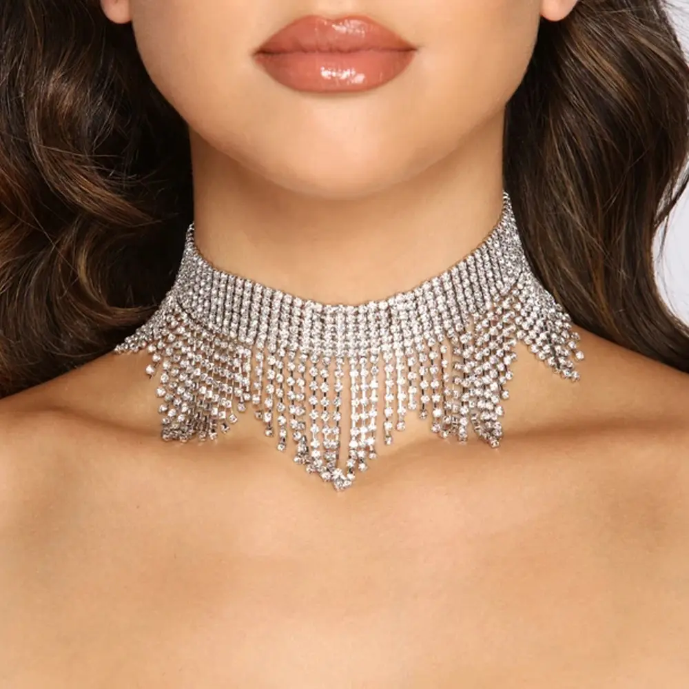2023 Offre Spéciale plein diamant collier cristal strass tour de cou or argent plaqué acier inoxydable gland colliers