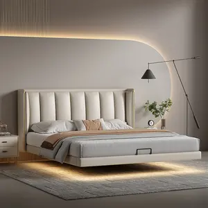 Распродажа, Современная футуристическая кровать-подставка на платформе со светодиодным светом, плавающие тумбочки, двуспальная кровать размера «King-Queen» из мягкой ткани