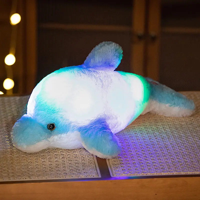 वेलेंटाइन दिवस उपहार चमक डॉल्फिन बच्चे खिलौने कस्टम चमक चमकदार बिस्तर तकिए भरवां पशु उम्दा तकिया एलईडी प्रकाश खिलौना