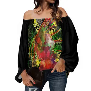 2022 Spring Women's Fashion Jamaican Reggae Lion Printed Chiffon Tops Sexy Square Neck Long Sleeve Slim Rasta Chiffon Shirt