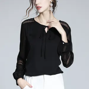 High-end black lace stitching blouse women tie the collar with a bow 100% true silk blouses