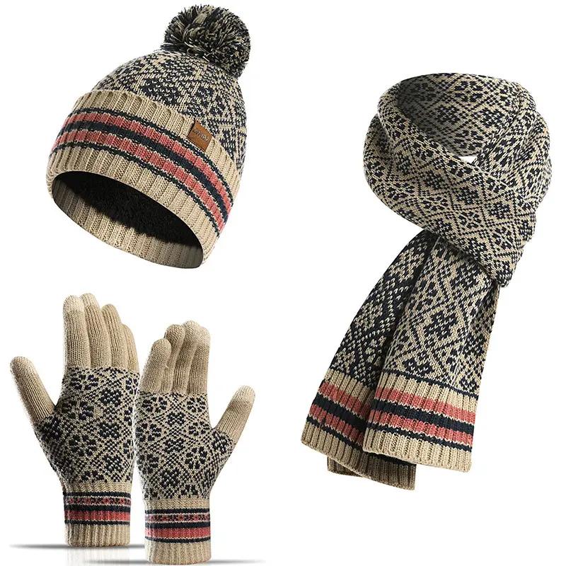 Winter Hats Scarves Gloves set Woolen Yarn Knitted Pompom Hat Warm Beanie Scarves Glove Snowflakes pattern Three-piece Warm set