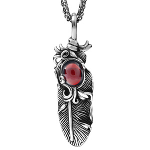 Colgante de acero inoxidable con diseño de pluma y bisel de piedra preciosa roja para hombre, collar de moda. - Product Image 1