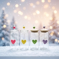 Gobelet en verre transparent multi-formes avec couvercle, décorations créatives 3D en forme de cœur, de fruit, de fleur, de papillon et de nœud