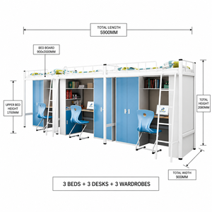 Set di Mobili per Dormitorio, Letto <span class=keywords><strong>a</strong></span> Castello Triplo in Metallo con Scrivania e Armadio, per Forniture Scolastiche, Certificato CE ISO - Product Image 2