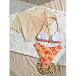 FOXA Ensemble bikini 3 pièces à fleurs pour fille, haut triangle à nouer, paréo transparent, tenue de plage, extensible, en spandex et polyester - Product Image 4