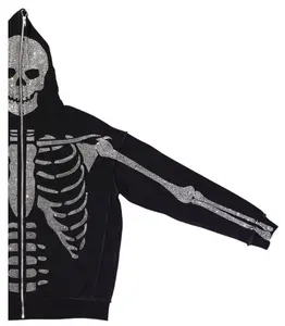 High Quality Black Cotton French Terry Skeleton Rhinestone Zip Up Hoodie