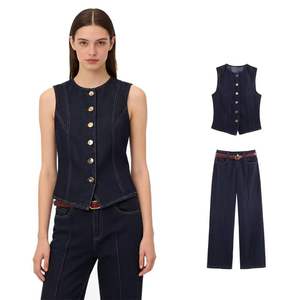 Conjunto de Pantalones y Chaleco Vaquero Azul con Cuello Redondo y Botones para Mujer - Product Image 1