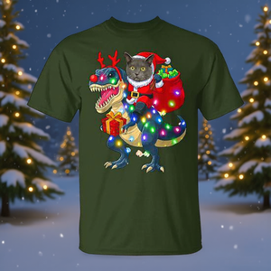 Santa Cat Riding Dinosaur <b>Xmas</b> Lights <b>T</b>-<b>Shirt</b> - Product Image 3