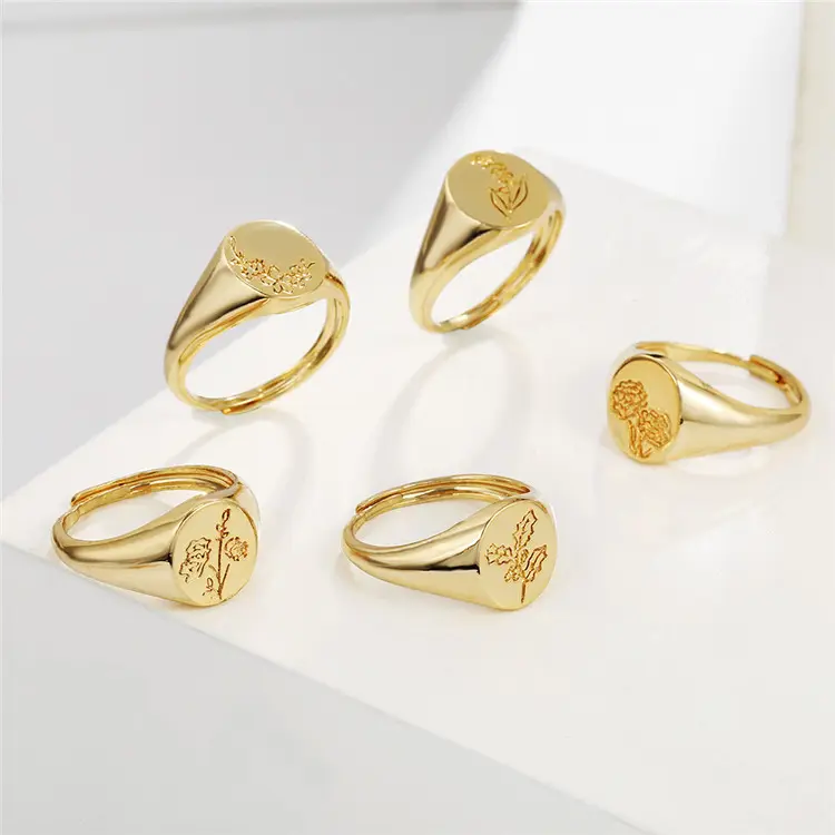 SP New Design Printed Flower Open Ring Brass Metal 18K Solid Gold Adjustable Flower Jewelry Ring