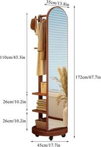 Miroir sur pied arqué avec porte-vêtements, miroir sur pied rotatif <span class=keywords><strong>en</strong></span> bois massif avec roulettes, adapté aux chambres à coucher - Product Image 4