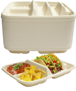Plateau à tacos jetable en bagasse de canne à sucre, biodégradable et compostable, à 2 compartiments - Product Image 1