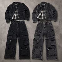 Veste en jean noire pour homme, style vintage streetwear, délavée, doublure à carreaux, fermeture éclair, vêtement de travail décontracté, vente en gros personnalisée