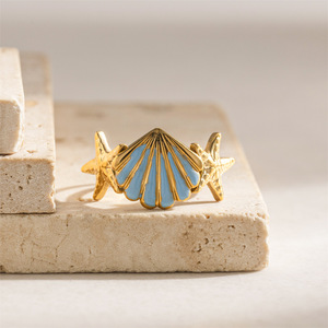 2025 Vente chaude Summer Ocean Series Bague ouverte étoile de mer et conque en acier inoxydable or 18 carats - Product Image 5