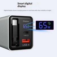 Chargeur 65W rétractable avec écran numérique transparent en alliage d'aluminium et nitride de gallium, tête QC 3.0 pour téléphone portable et appareil photo