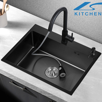 Accessoires de robinet d'évier de cuisine à double cuvette noirs faits à la main, ensemble complet, installation sous plan, surface nano en granit de quartz