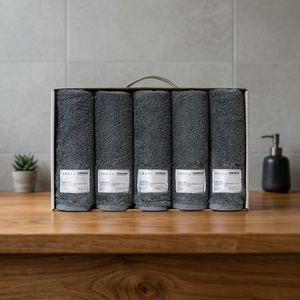 Living Crafts Five Piece Gift Boxed Damask Gray Cotton Soft Absorbent <b>Towel</b> <b>Set</b> Contemporary Original Brand Retail Ready - Product Image 2