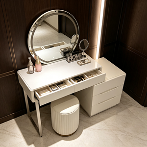 Tocador de maquillaje minimalista moderno con espejo ovalado iluminado y cajones de almacenamiento, mesa de tocador para dormitorio con taburete. - Product Image 5