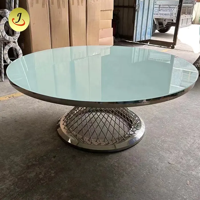 طاولة زجاجية ملكية حديثة مستديرة من الفولاذ المقاوم للصدأ ذهبية وفضية بإطار معدني