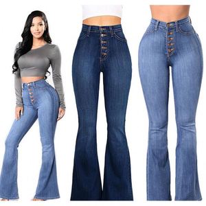 Pantalons pour femmes à haute élasticité, quatre niveaux de lavage, transfrontaliers, jeans <span class=keywords><strong>taille</strong></span> haute, boutonnés, jambes larges, jeans évasés - Product Image 2