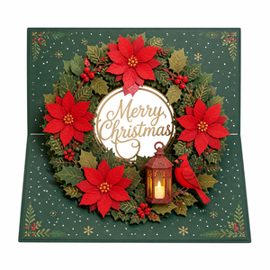Carte de vœux pop-up couronne de Noël, carte de fêtes faite à la main, art papier 3D, design vert et rouge pour salutations saisonnières - Product Image 1