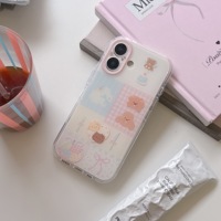 Coque de téléphone transparente motif ours mignon et chien pour iPhone 17 16 15 Pro Max, avec nœud rose, patchwork, en TPU souple, protection de l'objectif de l'appareil photo, pour filles