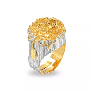 Honeycomb Design 925 Sterling Silver Ring with Yellow Gold Plated