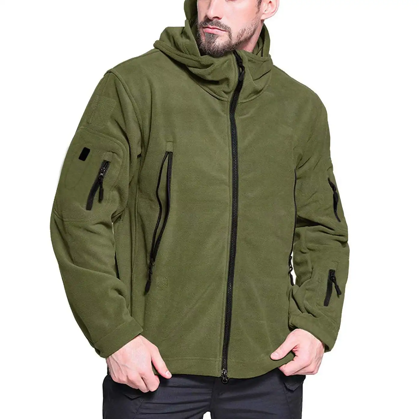 High quality green outdoor wear custom warm zip up men tactical micro hoodie softshell fleece jacket