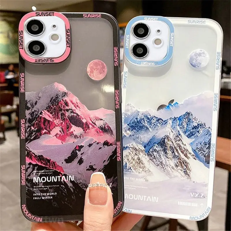 Sneeuw Berg Zonsondergang Telefoon Case Voor Iphone 12 Mini 11 Pro Max Xr X Xs Max 7 8 Plus Zachte schokbestendig Bumper Clear Back Cover