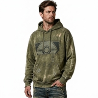 Sweat à capuche pour homme, personnalisé, avec rivets et effet vieilli, vert armée délavé, et motif graphique en relief sur la poitrine, directement de l'usine