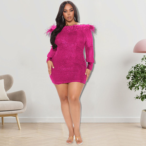 218231 Suministro al por mayor de ropa para mujeres de talla grande europeas y americanas, nuevo vestido de lentejuelas de manga larga de otoño directamente de fábrica - Product Image 4