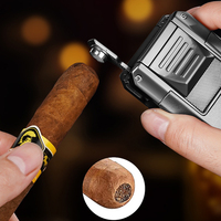 Briquet à cigares multifonctionnel en métal, triple flamme jet, coupe-vent, rechargeable au butane, avec outils pour cigares, idéal pour les cadeaux d'affaires